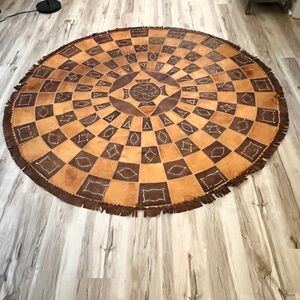 VTG African Leather Patchwork Rug 6ft Hausa Round geometric patterns